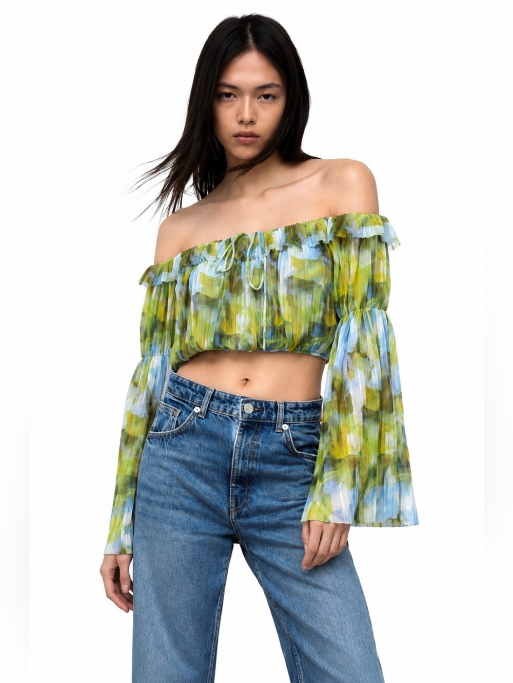 Zara Green Yellow Watercolor Tulle Crop Top Bell Sleeve Small fairycore
